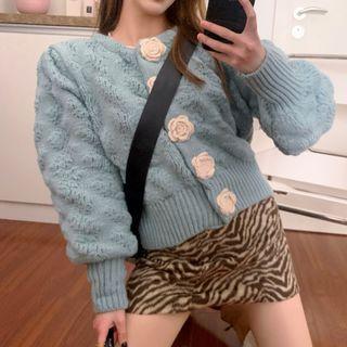 Puff-sleeve Flower Accent Cropped Cardigan Blue - One Size