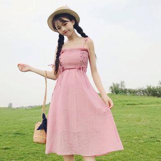 Shirred Spaghetti Strap Dress / Open-front Jacket