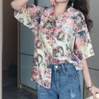 Printed Short-sleeve Blouse Pink - One Size