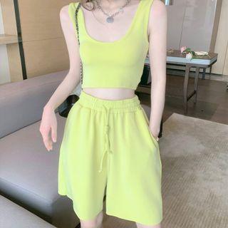 Set: Sleeveless Plain Top + Plain Sweatpants Light Yellow - One Size