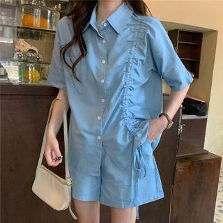 Set: Drawstring Short Sleeve Shirt+wide Leg Shorts As Shown In Figure - One Size