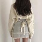 Bow-back Cable Knit Sweater / Tasseled Trim Tweed A-line Skirt