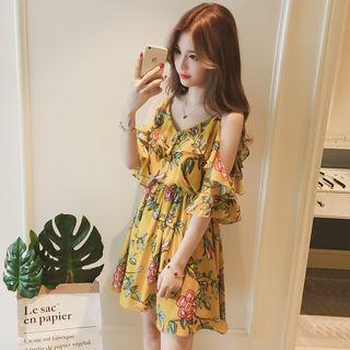 Flower Print Cold Shoulder Short-sleeve A-line Dress
