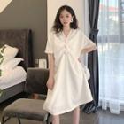 V-neck Loose-fit Short-sleeve Dress White - One Size
