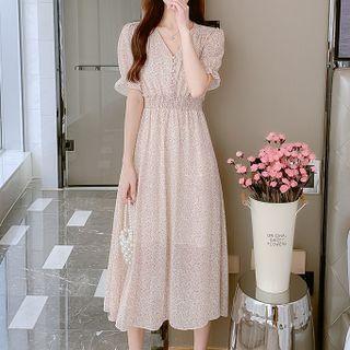 Single-breasted Short-sleeve Floral Chiffon Maxi Dress