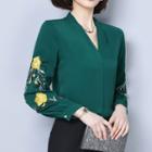 Floral Embroidered V-neck Long-sleeve Chiffon Blouse
