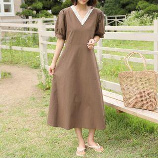 Lace-trim Puff-sleeve Tie-waist Dress