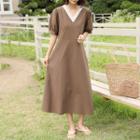 Lace-trim Puff-sleeve Tie-waist Dress