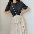 Short-sleeve T-shirt / A-line Midi Tiered Skirt