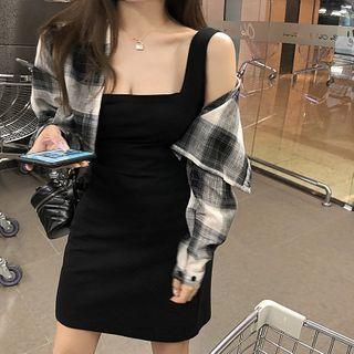 Wide Strap Mini Bodycon Dress / Plaid Long-sleeve Cropped Shirt