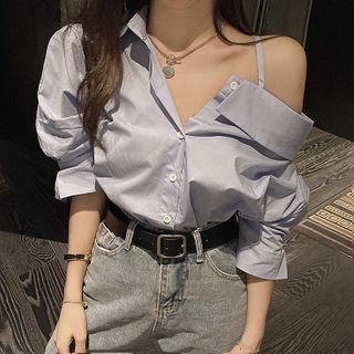 Plain Asymmetric Cold-shoulder Blouse
