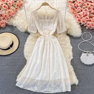 Lace-trim Short-sleeve A-line Midi Dress
