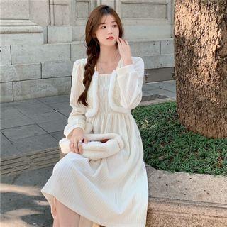Long-sleeve Fleece Trim Midi A-line Dress