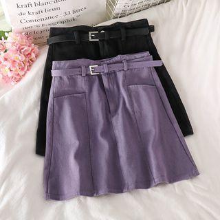 High-waist Belted Denim Mini A-line Skirt