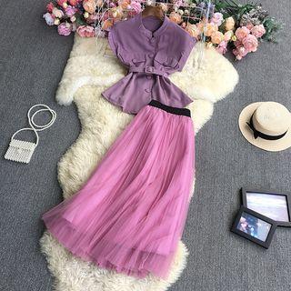 Set: Sleeveless Plain Blouse + Mesh Midi A-line Skirt
