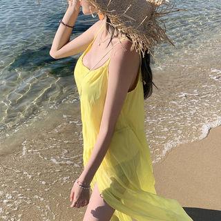 Spaghetti-strap Slit-front Sun Dress Yellow - One Size