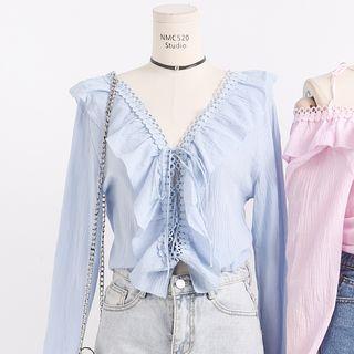 Ruffled Lace-trim Drawstring Crop Blouse