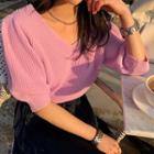 V-neck Puff-sleeve Sweater Pink - One Size