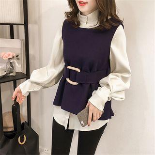 Set: Lantern-sleeve Blouse + Crew-neck Vest