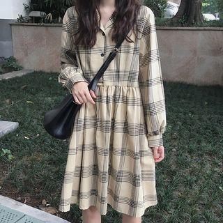 Long-sleeve Plaid Buttoned Midi Dress