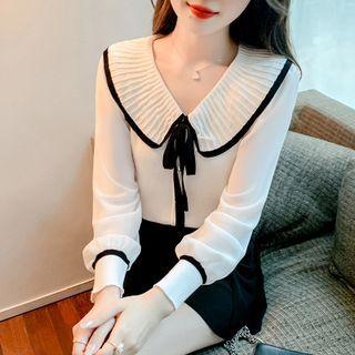 Puff-sleeve Knit Panel Bow Blouse
