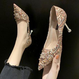 Wedding Embellished Pointed Kitten-heel Pumps