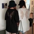 Elbow-sleeve Mesh Butterfly Panel T-shirt