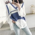 Color-block Sleeveless Knit Vest / Plain Loose-fit T-shirt