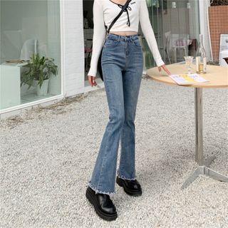 High-waist Fray Hem Boot-cut Jeans