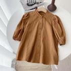 Puff-sleeve Pinstriped Lace Trim Blouse