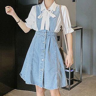 Short-sleeve Blouse / Denim Suspender A-line Dress