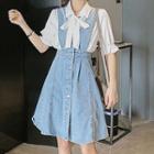 Short-sleeve Blouse / Denim Suspender A-line Dress