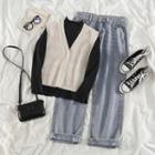 Long-sleeve Mock-neck Top / Sweater Vest / Straight Leg Jeans