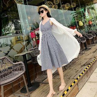 Color-block Plaid V-neck Spaghetti Strap A-line Dress