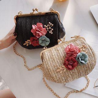 Flower Accent Straw Crossbody Bag