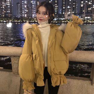 Faux-fur Trim Hooded Padded Jacket Yellow - One Size