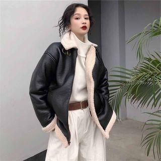 Faux-leather Fleece-lined Loose-fit Jacket