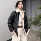 Faux-leather Fleece-lined Loose-fit Jacket