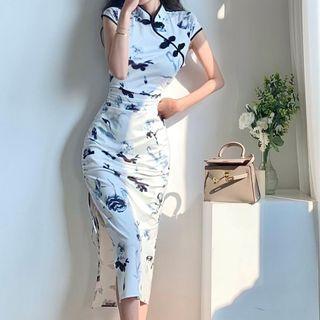 Cap-sleeve Print Midi Bodycon Qipao