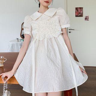 Puff-sleeve Wide Collar Ruffled Mini A-line Dress