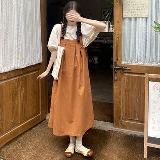 Puff Sleeve Blouse / Midi Overall Dress