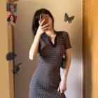 Short-sleeve Collar Checkered Knit Sheath Dress Plaid - Black - One Size