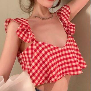 Sleeveless Gingham Cropped Blouse Gingham - Red - One Size