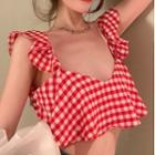 Sleeveless Gingham Cropped Blouse Gingham - Red - One Size