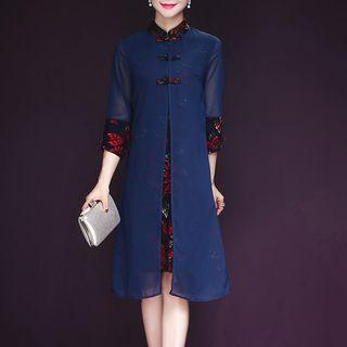 Mock Two Piece 3/4 Sleeve Midi Dress