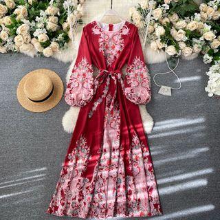 Round-neck Print Puff-sleeve Lace-up Strap Dress