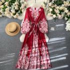 Round-neck Print Puff-sleeve Lace-up Strap Dress