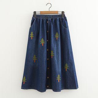 Embroidered Denim Maxi Skirt