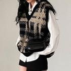 Plaid Sweater Vest / Long-sleeve Shirt / Asymmetrical Mini Skirt / Set