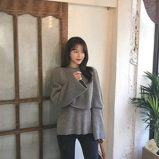 Set: Rib-knit Poncho + Bell-sleeve Sweater